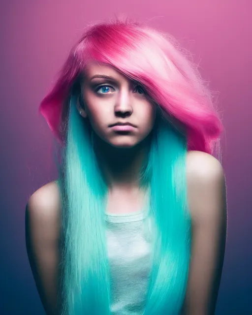 Prompt: a backlight dramatic lighting photo of a beautiful young woman with cotton candy hair. with a little bit of cyan and pink