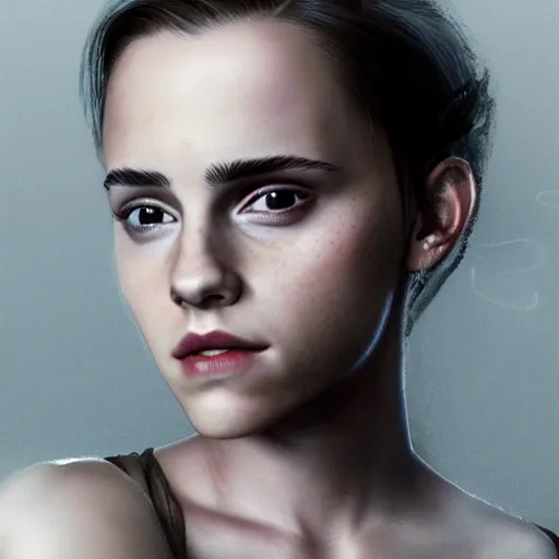 Prompt: a girl who is a mix of emma watson and scarlett johansson and nathalie portman, using a device to connect herself to a computer through an usb cable and a port in her arm, cables, it, very detailled, by david rutkowski