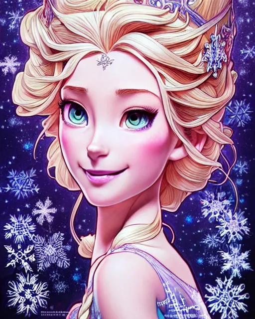 Prompt: ' princess elsa gone mental ', beautiful shadowing, 3 d shadowing, reflective surfaces, illustrated completely, 8 k beautifully detailed pencil illustration, extremely hyper - detailed pencil illustration, intricate, epic composition, masterpiece, bold complimentary colors. stunning masterfully illustrated by artgerm, range murata, alphonse mucha, katsuhiro otomo.