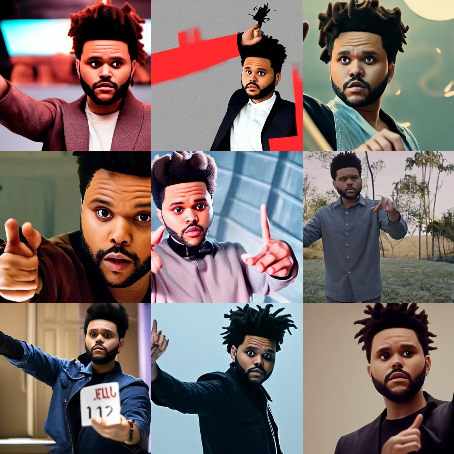 Prompt: a scene from a movie, The Weeknd pointing to his favorite day of the week on a calendar