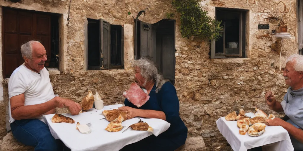 Image similar to photography of a cat sharing mortadella with his loved owner at a trullo house, photoreal, 3 5 mm, award winning photography