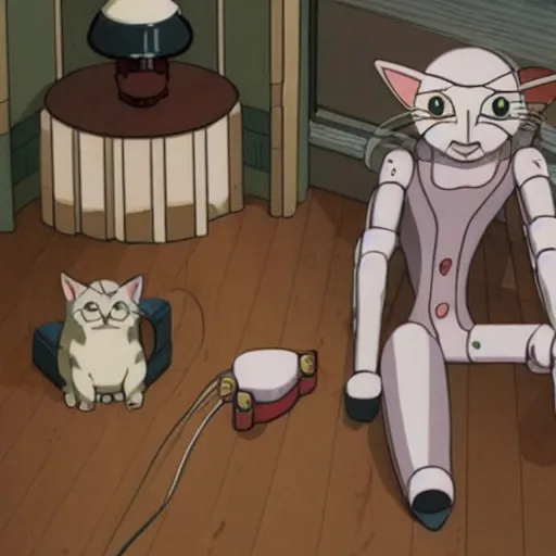 Prompt: a cat with cybernetic legs, highly detailed, by satoshi kon + ghibli