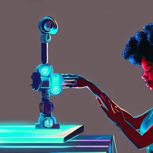 Image similar to a black girl fixing a robot, in the nature, mixing solarpunk, afropunk and cyberpunk technology and aesthetic ( ( ( ( volumetric light ) ) ) ), high angle, part by pearl fryar, part by prince damah, sunny day, trending on artstation, cinematic view, illustration, painting.