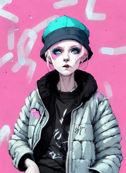 Image similar to highly detailed portrait of a street punk lady student, blue eyes, bubble jacket, hat, white hair by atey ghailan, by greg rutkowski, by greg tocchini, by james gilleard, by joe fenton, by kaethe butcher, gradient pink, black, brown and light blue color scheme, grunge aesthetic!!! ( ( graffiti tag wall background ) )