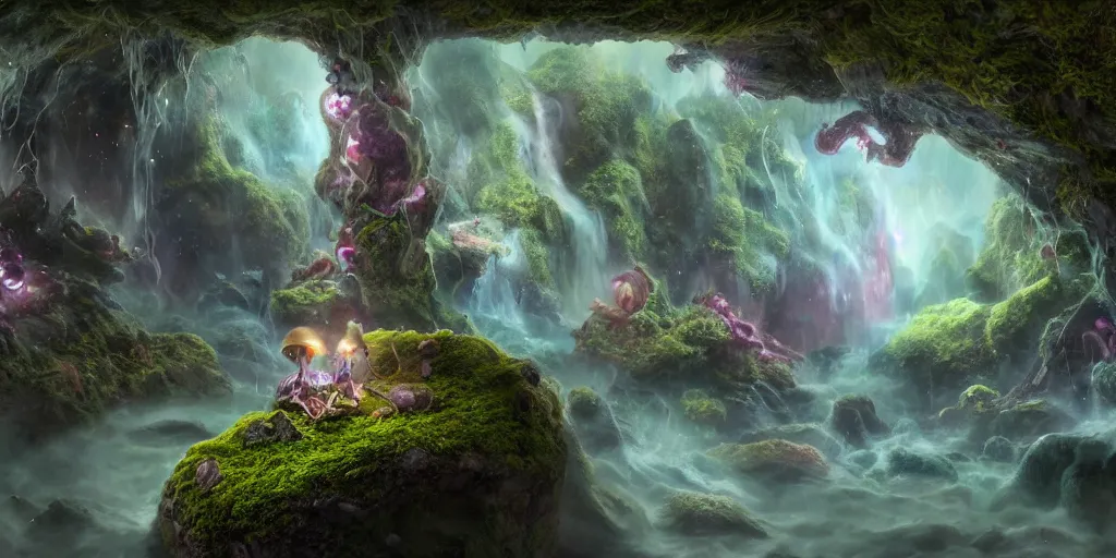 Image similar to tom bagshaw, mythical gigantic space cavern, soft painting 3 d render curiosities carnival pond vegetation rocks mushrooms and tentacles covered moss, luminescent wisps, stunning waterfall, accurate features, focus, very intricate ultrafine details, random volumetric lighting, fog, award winning masterpiece, octane render 8 k hd, artstation