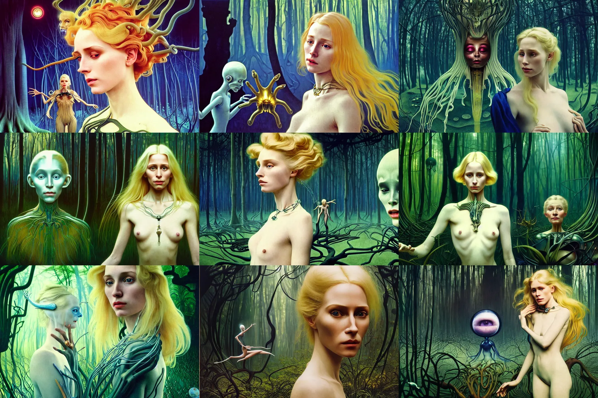 Prompt: realistic detailed portrait movie shot of a beautiful blond ghost woman with an alien, futuristic forest background by denis villeneuve, amano, yves tanguy, alphonse mucha, max ernst, kehinde wiley, caravaggio, roger dean, cyber necklace, rich moody colours, sci fi patterns, wide angle