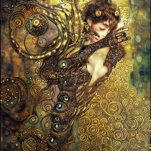 Image similar to cybernetic dragon dreaming in circuitry, intricate detail, klimt, royo, whealan,