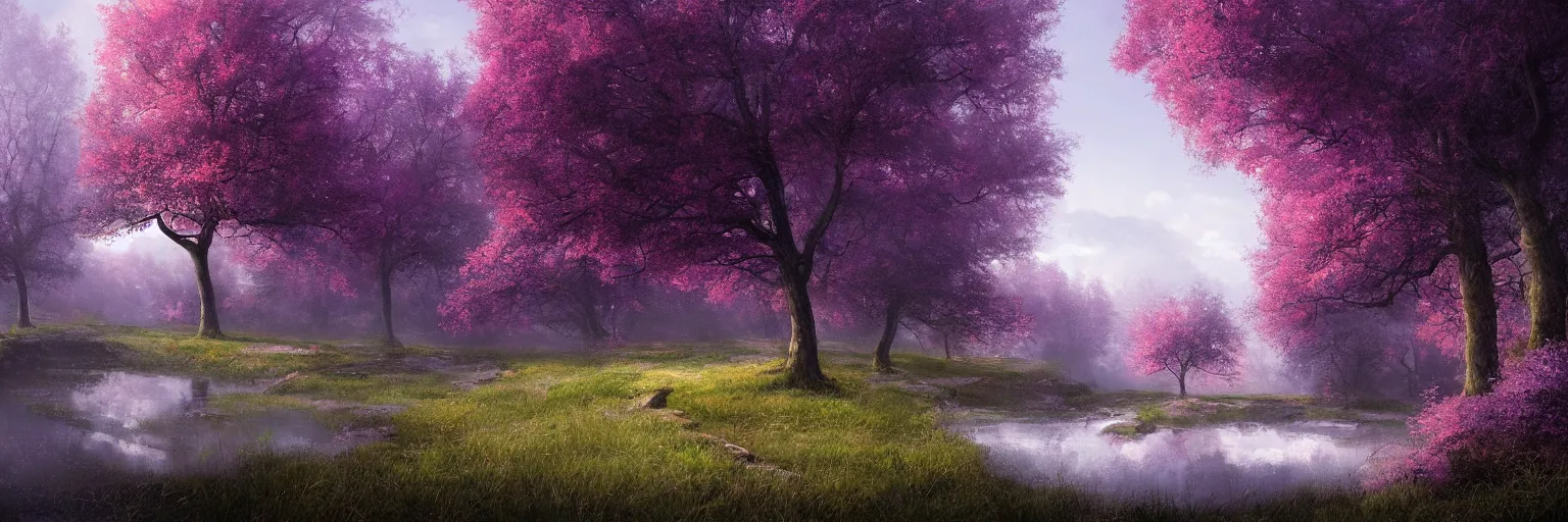 Prompt: michal karcz painting of a beautiful landscape. , purple trees, detailed, elegant, intricate, 4k,