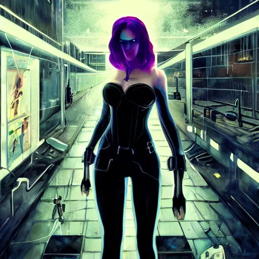 Prompt: black widow in a cyberpunk world, artstation hall of fame gallery, editors choice, #1 digital painting of all time, most beautiful image ever created, emotionally evocative, greatest art ever made, lifetime achievement magnum opus masterpiece, the most amazing breathtaking image with the deepest message ever painted, a thing of beauty beyond imagination or words