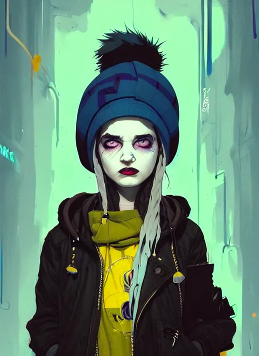 Image similar to highly detailed portrait of a sewer punk lady student, blue eyes, tartan hoody, hat, white hair by atey ghailan, by greg rutkowski, by greg tocchini, by james gilleard, by joe fenton, by kaethe butcher, gradient yellow, black, brown and cyan color scheme, grunge aesthetic!!! ( ( graffiti tag wall ) )