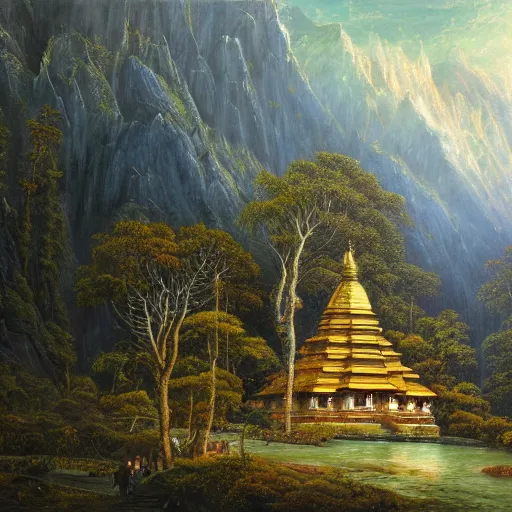 Prompt: a beautiful and highly detailed oil painting of an nepali temple in the snowy mountains, detailed trees and cliffs, forgotten valley, swirling mist, lush forests, intricate details, epic scale, insanely complex, 8 k, sharp focus, hyper realism, fantasy landscape, psychedelic, by caspar friedrich,