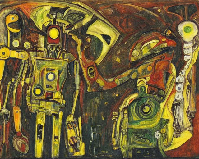 Image similar to a painting of a aliens and robots by graham sutherland, egon schiele, expressionism