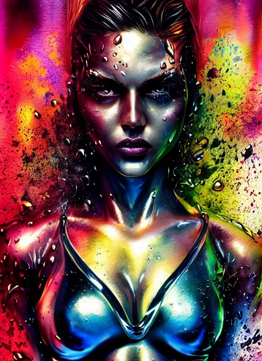 Prompt: fierce wet female superhero, splash, sweat skin, liquid metal dna, effervescent, black roses, poster art, high detail, hyperrealistic illustration, watercolor, deep mood, hyperrealism, 3 d, in the style of irakli nadar,