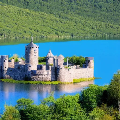 Prompt: a large lake with a medieval castle on a floating island