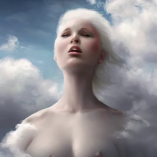 Prompt: a colossal goddess wearing a cloud fashion is looking on us from above, creative, albino skin, giant, digital art, photo manipulation, clouds, covered in clouds, girl clouds, covered by clouds, white hair, digital painting, artstation