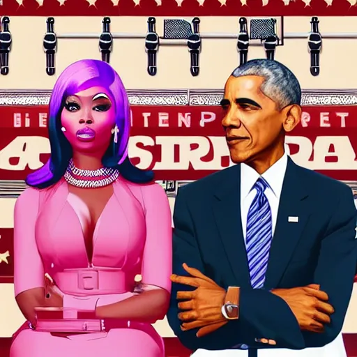 Image similar to nicki minaj sitting next to barack obama in a vintage barbershop in gta v cover art, symmetrical, brownish flat colors, hyper realistic, highly detailed, trending on artstation