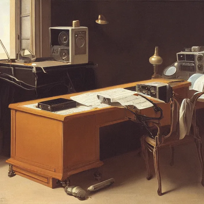 Image similar to still life painting of a retro electronics supercomputer desk workstation by pieter claesz, oil on canvas, strong lighting, highly detailed, hyper realism, golden hour, god rays, hd, 4 k