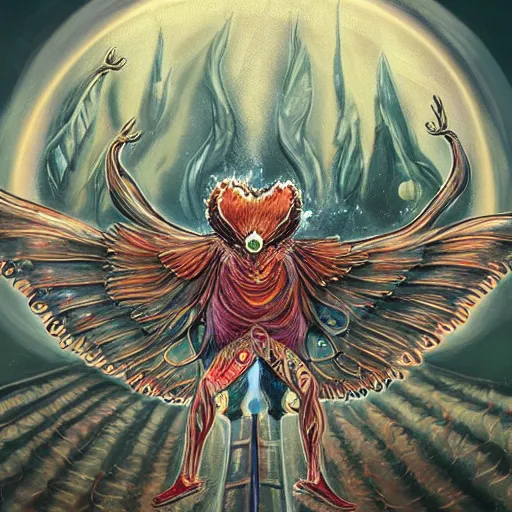 Image similar to A centered chest up portrait of a psychedelic godlike mothman with giant mandala wings smoking a hand-rolled cigarette smoking heavily , magic mushroom village in background , award winning. superb resolution. in the art style of junji Ito and greg rutkowski . Detailed Mushroom city in background. Hyper realistic anime. Perfect art. Dalle2