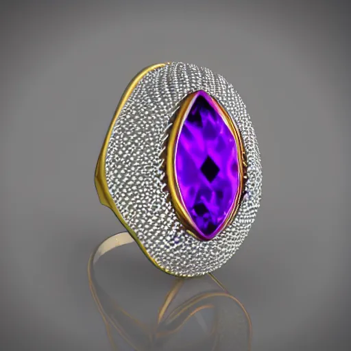 Image similar to mystical gold and diamond thin curly female ring with fine purple and green details, ultra detailed, centered, octane render, elegant, caustics
