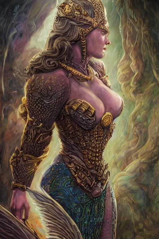 Image similar to A fantasy comic book style portrait painting of Ella Fanning as an Atlantean Reptilian Warrior, Mystical Valkyrie, unreal 5, DAZ, hyperrealistic, octane render, Regal, Refined, Detailed Digital Art, RPG portrait, Michael Cheval, Walt Disney (1937), François Boucher, Oil Painting, Steampunk, Josephine wall, dynamic lighting, Highly Detailed, Cinematic Lighting, Unreal Engine, 8k, HD