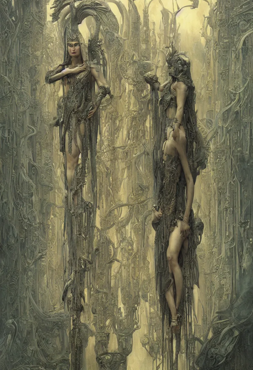 Image similar to the goddess isis, by daniel - by greg rutkowski and raymond swanland hr giger and zdzislaw beksinski and alphonse mucha and moebius, matte painting, hyperdetailed, symmetry, art nouveau, beautiful render, concept art