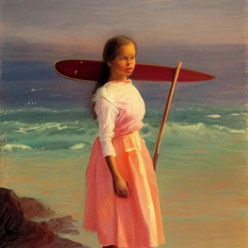 Image similar to by heywood hardy, by matti suuronen saturated, tender. the conceptual art of a young girl in a traditional hula outfit. she is standing on a surfboard in front of a beautiful ocean landscape.