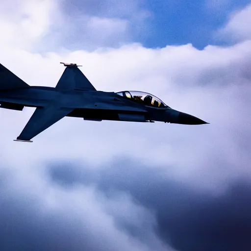 Image similar to stylish shot cinematic of a fighter jet flying through clouds