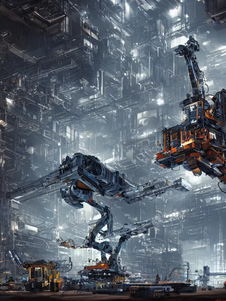 Image similar to giant builder robot in a hall of futuristic industrial megacomplex; hyperrealistic, 4K wallpaper, cinematic lighting, highly detailed and beautiful