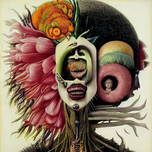 Image similar to post - punk new age album cover, asymmetrical design, yoga, relaxation, magic, apocalypse, psychedelic, black white pink, magic, giger h. r., giuseppe arcimboldo