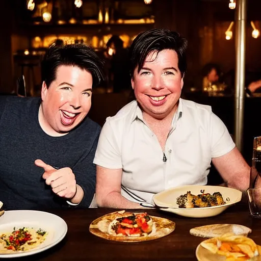 Image similar to portait of michael mcintyre and middle aged blonde woman with short hair and a blonde woman with long hair having dinner at sunday in brooklyn restaurant, photo