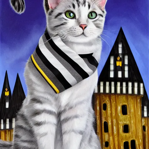 Image similar to oil painting wide shot from below of a white and grey tabby cat wearing a black yellow striped hufflepuff scarf, in front of hogwarts castle, digital painting, high detail, award-winning, playful, deep focus, realistic, hyperrealistic, magical