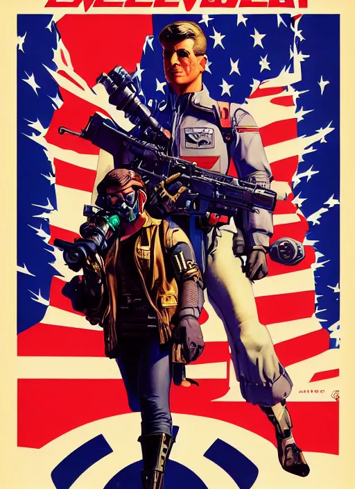 Prompt: american propaganda poster. cyberpunk pilot. portrait by jean giraud and anton otto fischer and john philip falter and will eisner and gil elvgren and pixar. full body. realistic proportions. science fiction d & d. overwatch, rb 6 s, cyberpunk 2 0 7 7, blade runner 2 0 4 9. cel shading. thick lines.