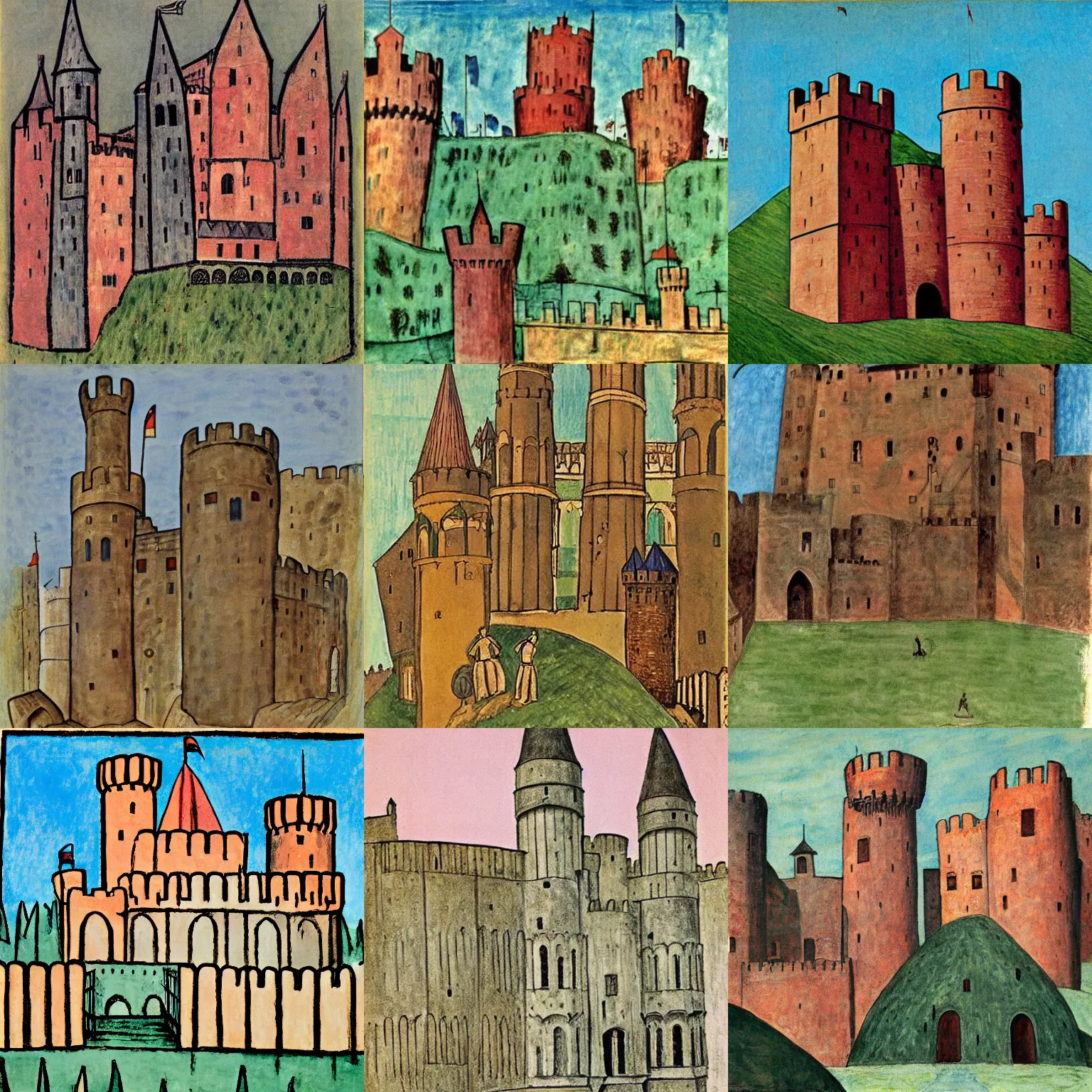 Prompt: medieval castle, colored, by ben shahn