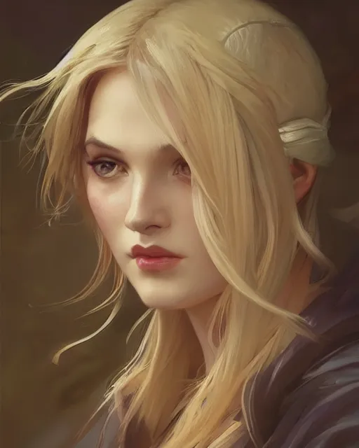 Image similar to '' Portrait of Beautiful blonde Slavic woman in her early 30’s, league of legends, LOL, fantasy, d&d, digital painting, artstation, concept art, sharp focus, illustration, art by greg rutkowski and alphonse mucha ''