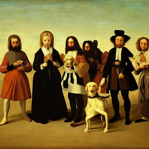 Image similar to a painting of a group of people and a dog, a flemish baroque by francisco de zurbaran, flickr, baroque, dutch golden age, flemish baroque, rococo