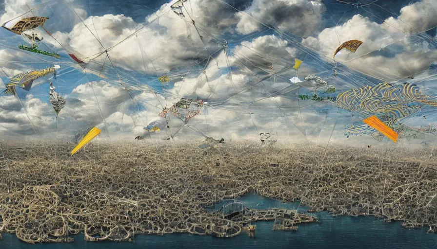 Prompt: an inflated stainless steel chrome birdcage in the clouds, people are hanging from kites by steel cables. Oil rigs in the sky. Intricate technical drawing. Colored pencil. Mammatus clouds. Ornate, brilliant, utopian, detailed, Golden ratio, solarpunk technology by Lebbeus Woods