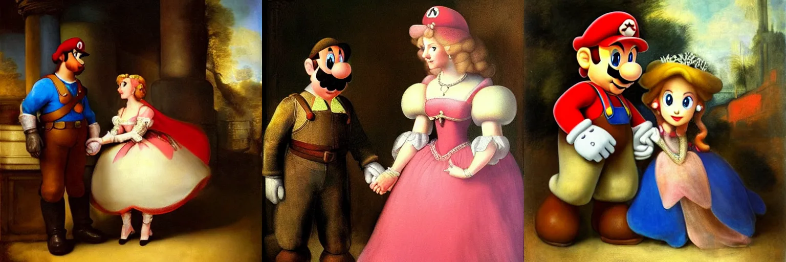 Prompt: Princess Peach holding hands with Super Mario, painting by Rembrandt