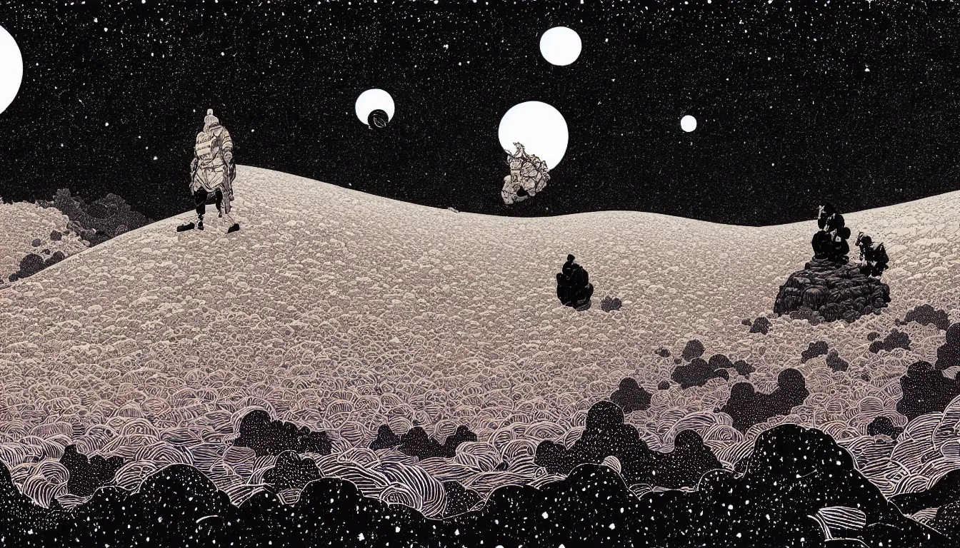 Prompt: gazing up into the cosmos by woodblock print, nicolas delort, moebius, victo ngai, josan gonzalez, kilian eng