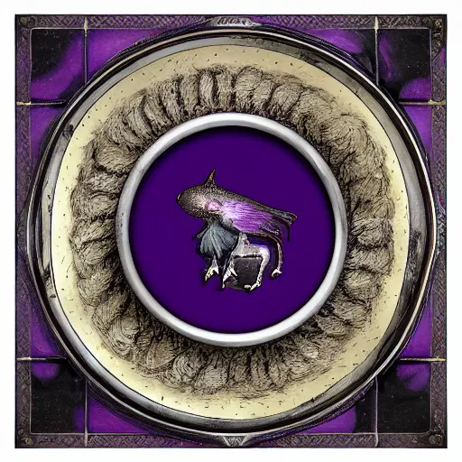 Prompt: a mirror in the shape of an antique silver tray shooting purple magic, d & d bestiary picture, digital art