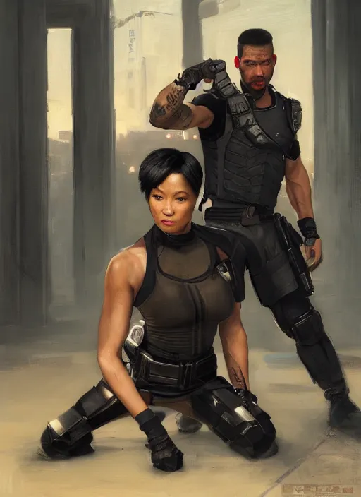 Image similar to black chun li arresting meathead. cyberpunk police trooper in a military vest ( blade runner 2 0 4 9, cyberpunk 2 0 7 7 ). orientalist portrait by john william waterhouse and james gurney and theodore ralli and nasreddine dinet, oil on canvas. cinematic, hyper realism, realistic proportions, dramatic lighting, high detail 4 k