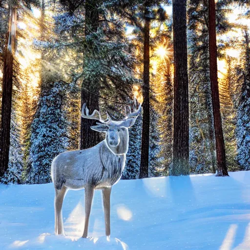 Image similar to snowflake in front of pinetree forrest behind moose, realistic, golden hour, hdr lights