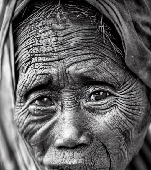 Prompt: Award winning reportage photo of Javanese Natives with incredible and beautiful hyper-detailed eyes wearing traditional garb by Lee Jeffries, 85mm ND 5, perfect lighting, gelatin silver process