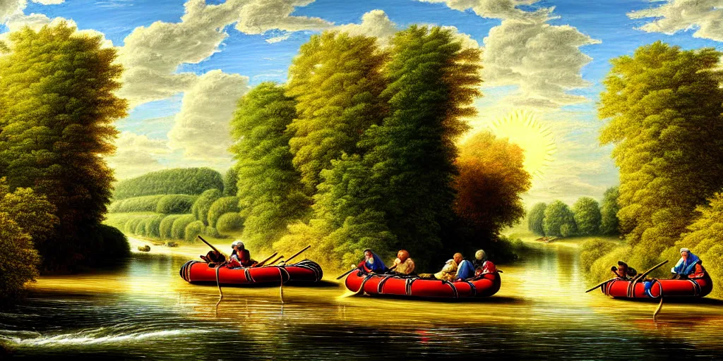 Image similar to A very detailed painting in the style of featuring a river in Europe surrounded by trees and fields. A rubber dinghy is slowly moving through the water. Sun is shining, photorealistic digital art