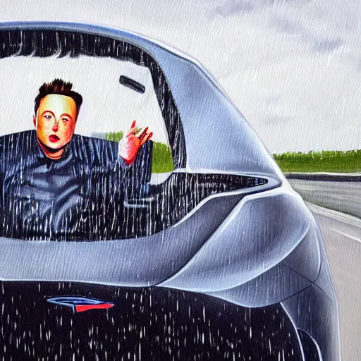 Prompt: a painting of elon musk driving a tesla the camera angle is just right and it's raining