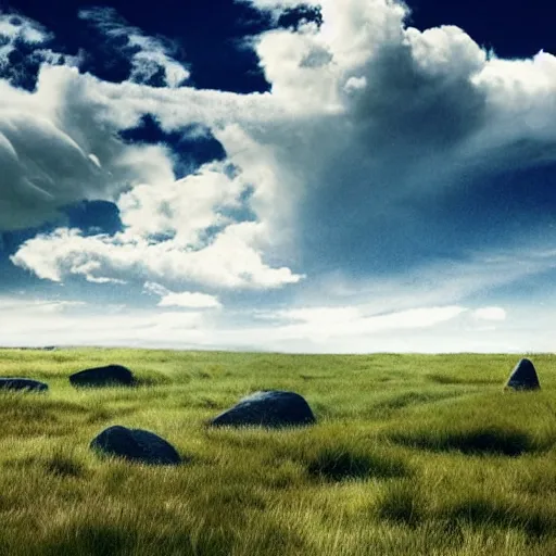 Prompt: the sky is made of water clouds form dwayne the rock johnson looking out on a field of short grass