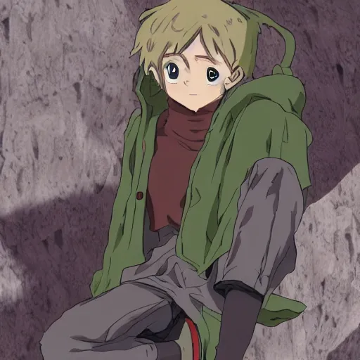 Image similar to The teenage son of an ancient, Lovecraftian god hiding in as humanoid dressed like a homeless person in the style of shonen/slice of life anime detailed realistic High Resolution HD 8k