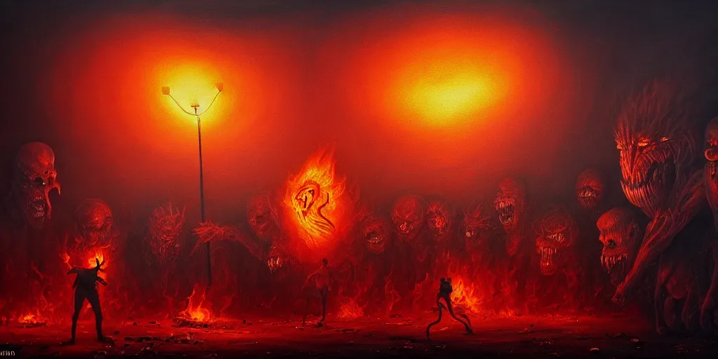 Image similar to repressed emotion creatures and monsters riot in a fiery wasteland, dramatic lighting glow from giant fire, attempting to escape to the surface and start a revolution, in a dark surreal painting by ronny khalil