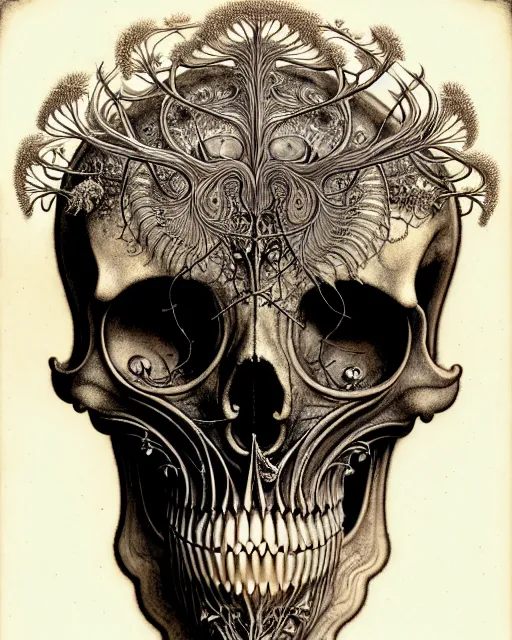 Image similar to art forms of nature by ernst haeckel, memento mori by arthur rackham, ornate antique porcelain beautiful skull mask, ultrasharp, photorealistic, hyperdetailed, octane render, polished, art nouveau, neo - gothic, gothic, intricate ornamental organic filigree, art nouveau botanicals, art forms of nature by ernst haeckel, horizontal symmetry, symbolist, visionary