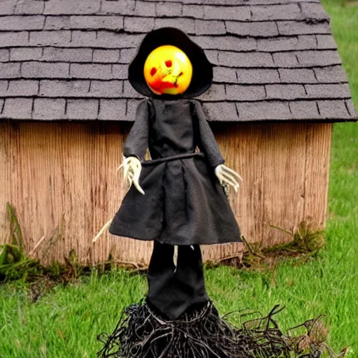 Prompt: Main Theme Dark and Gloomy Witch house, small scarecrow standing beside house, in style of Anne Stokes