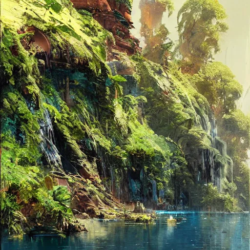 Image similar to detailed illustration of a lush natural scene on an alien planet by john berkey. beautiful landscape. weird vegetation. cliffs and water.